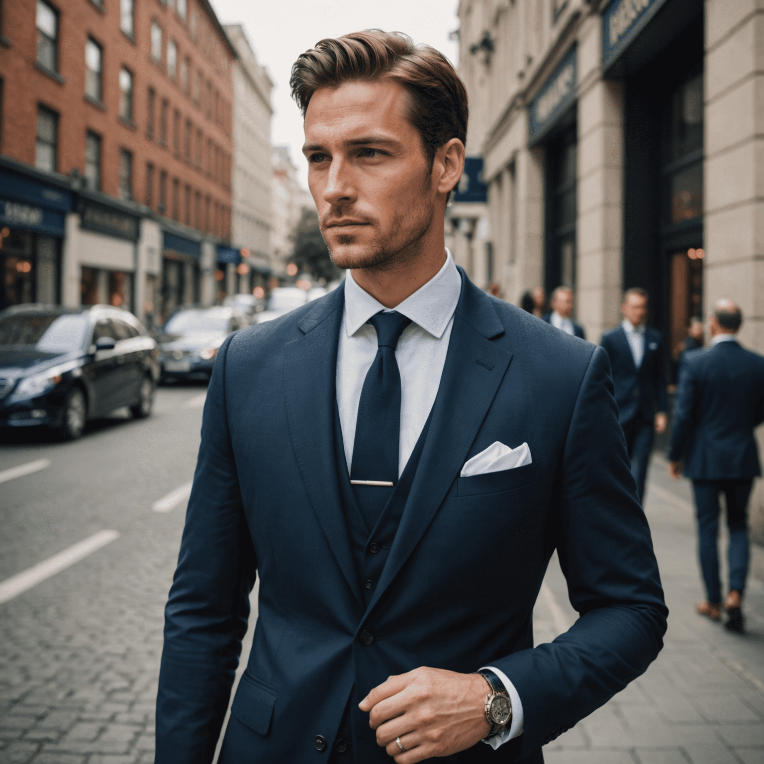 A stylish man in his 30s wearing a tailored navy suit with a crisp white shirt, standing in an urban setting. He's adjusting his cufflinks, showcasing attention to detail in men's fashion.