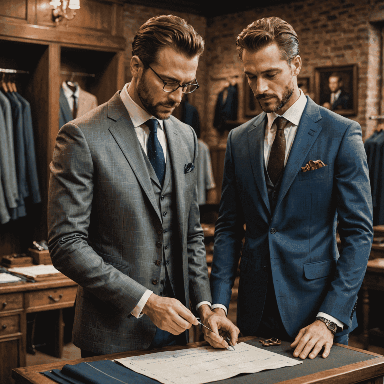 A tailor measuring a man for a custom suit, focusing on the precision of measurements and the quality of fabric