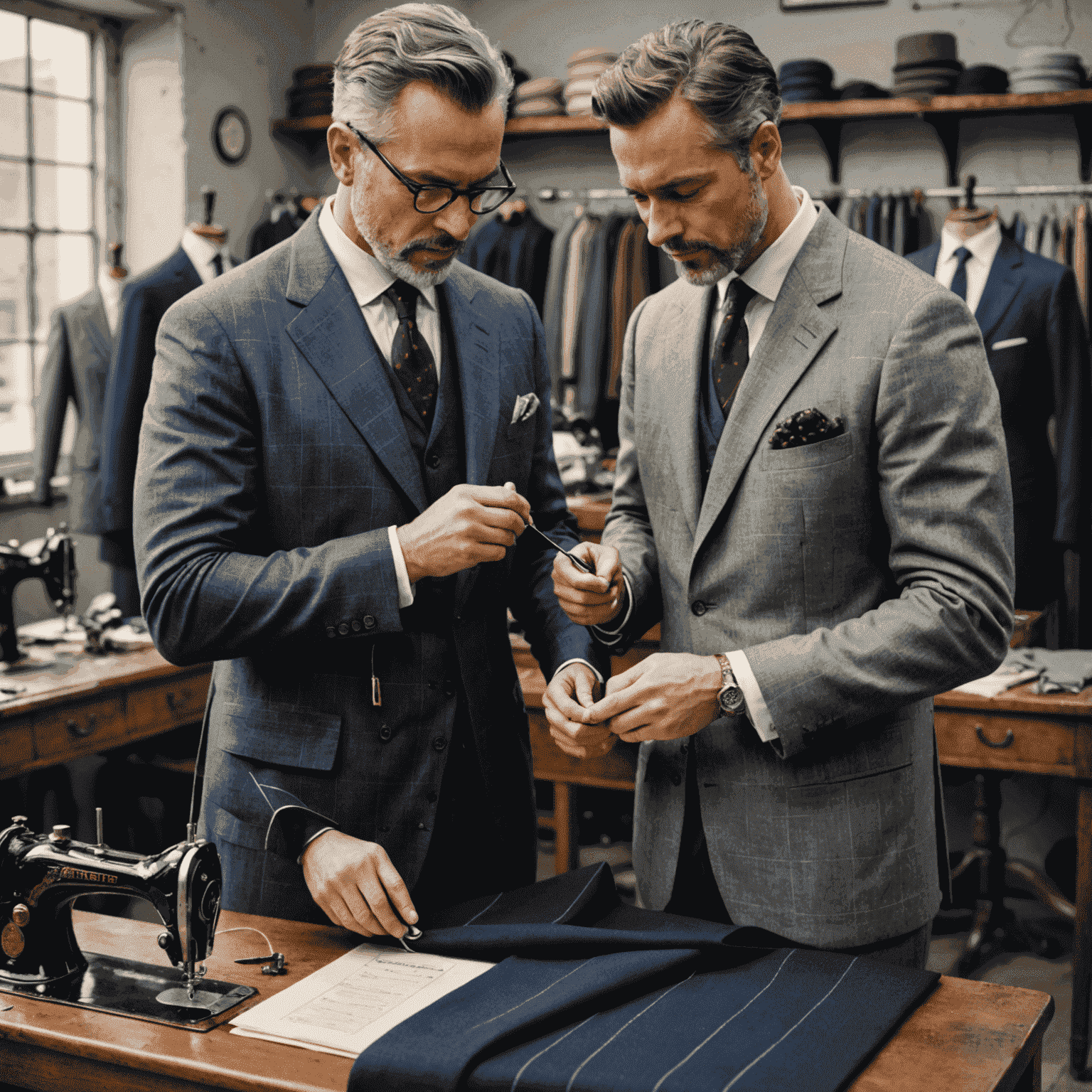 A master tailor meticulously measuring a client for a bespoke suit, surrounded by bolts of fine wool fabric in various shades of gray and navy. The tailor's hands are steady, holding a measuring tape against the client's shoulder. The workshop background showcases vintage sewing machines and dress forms.