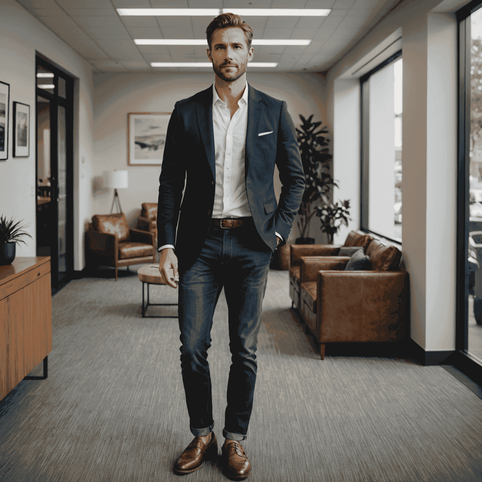 A man wearing a well-fitted navy blazer over a crisp white t-shirt, paired with dark wash jeans and brown leather loafers. He's standing in a modern office setting, looking confidently casual yet professional.