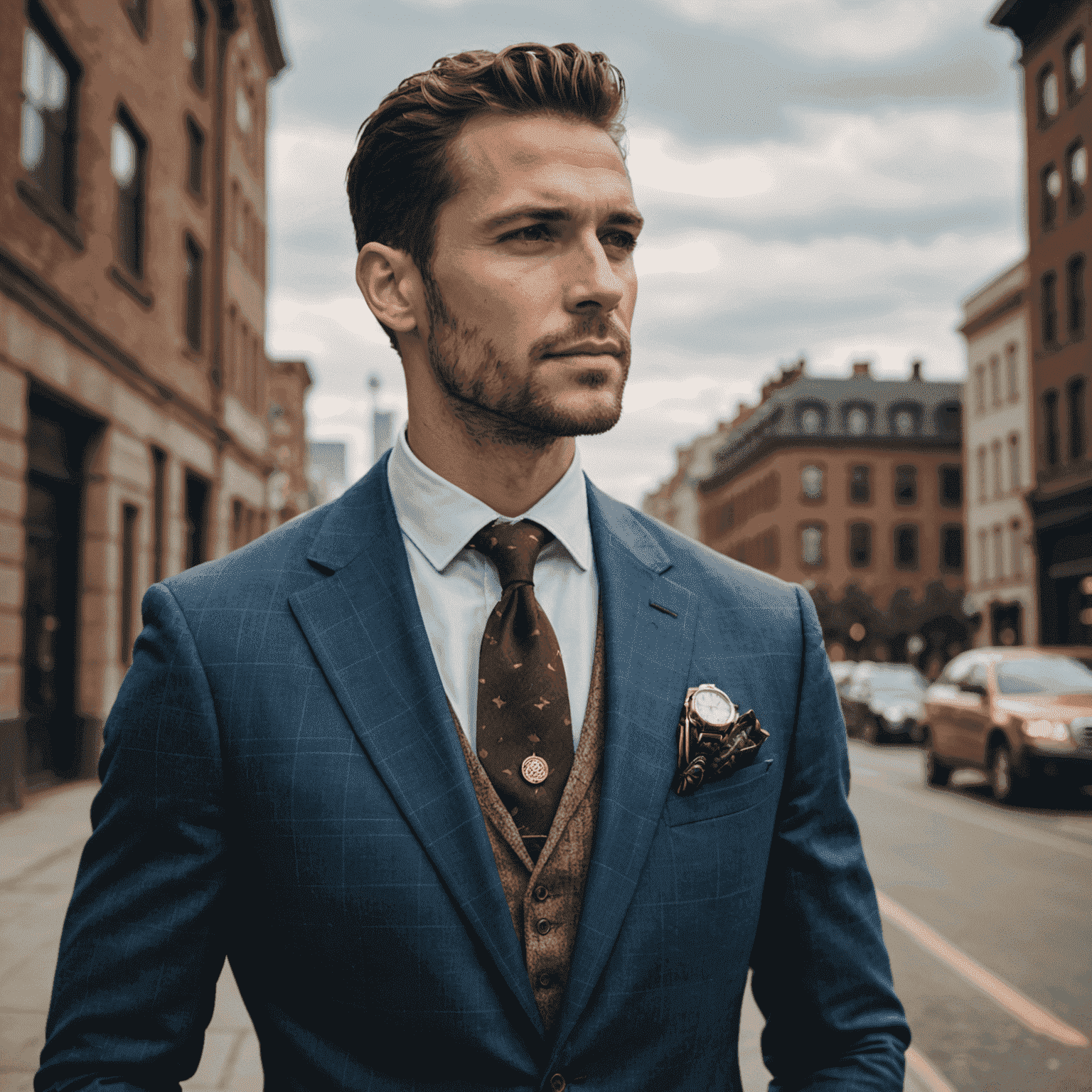 A stylish man wearing a variety of accessories including a leather watch, brass cufflinks, a patterned pocket square, and a subtle lapel pin against an urban backdrop