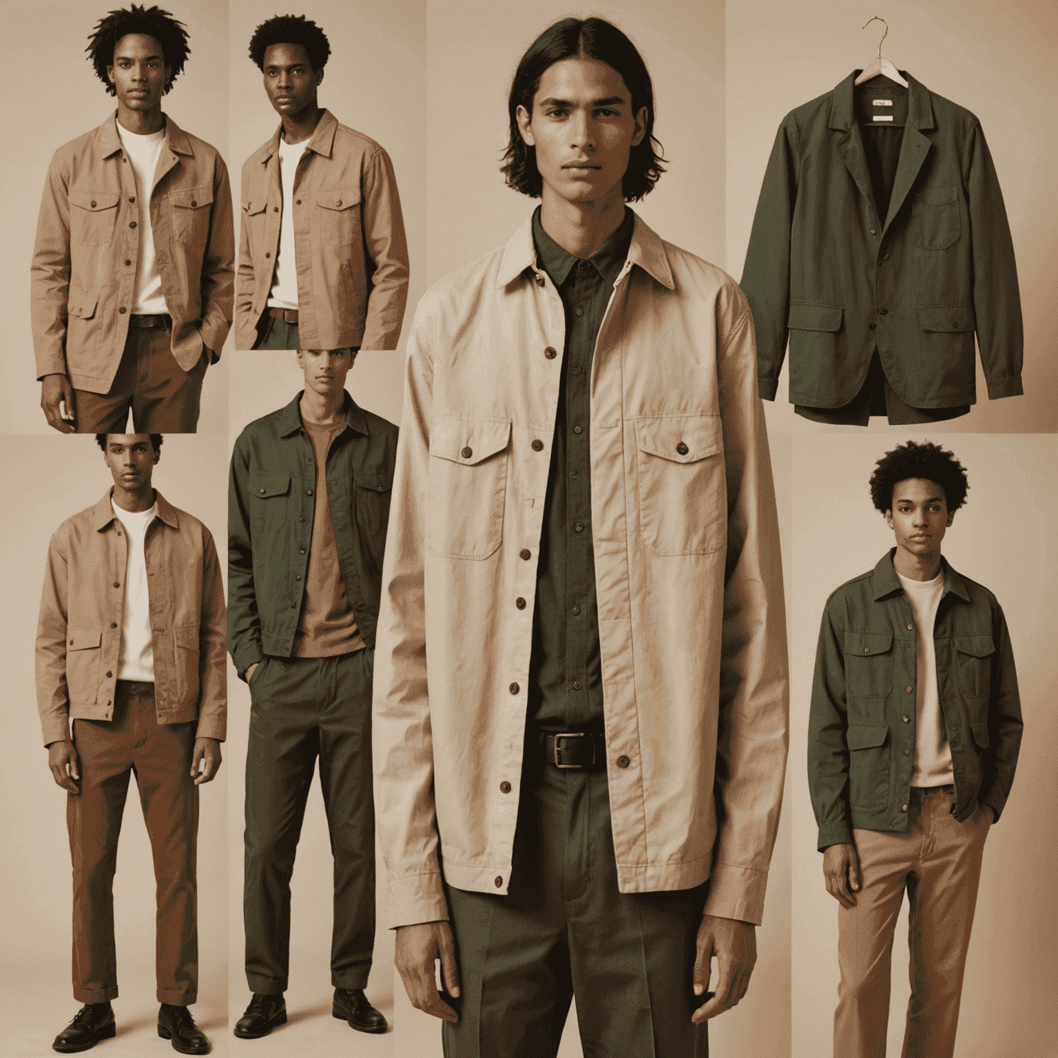 A collage of sustainable menswear items including organic cotton shirts, recycled polyester jackets, and hemp trousers, showcasing earth tones and minimalist designs