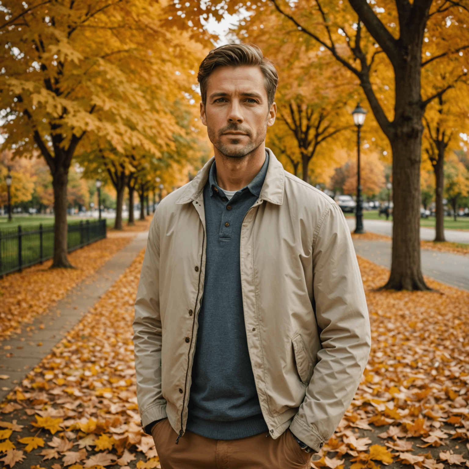 A man wearing a light jacket over a t-shirt, standing in a park with autumn leaves falling around him. The image showcases the transition from summer to fall clothing.