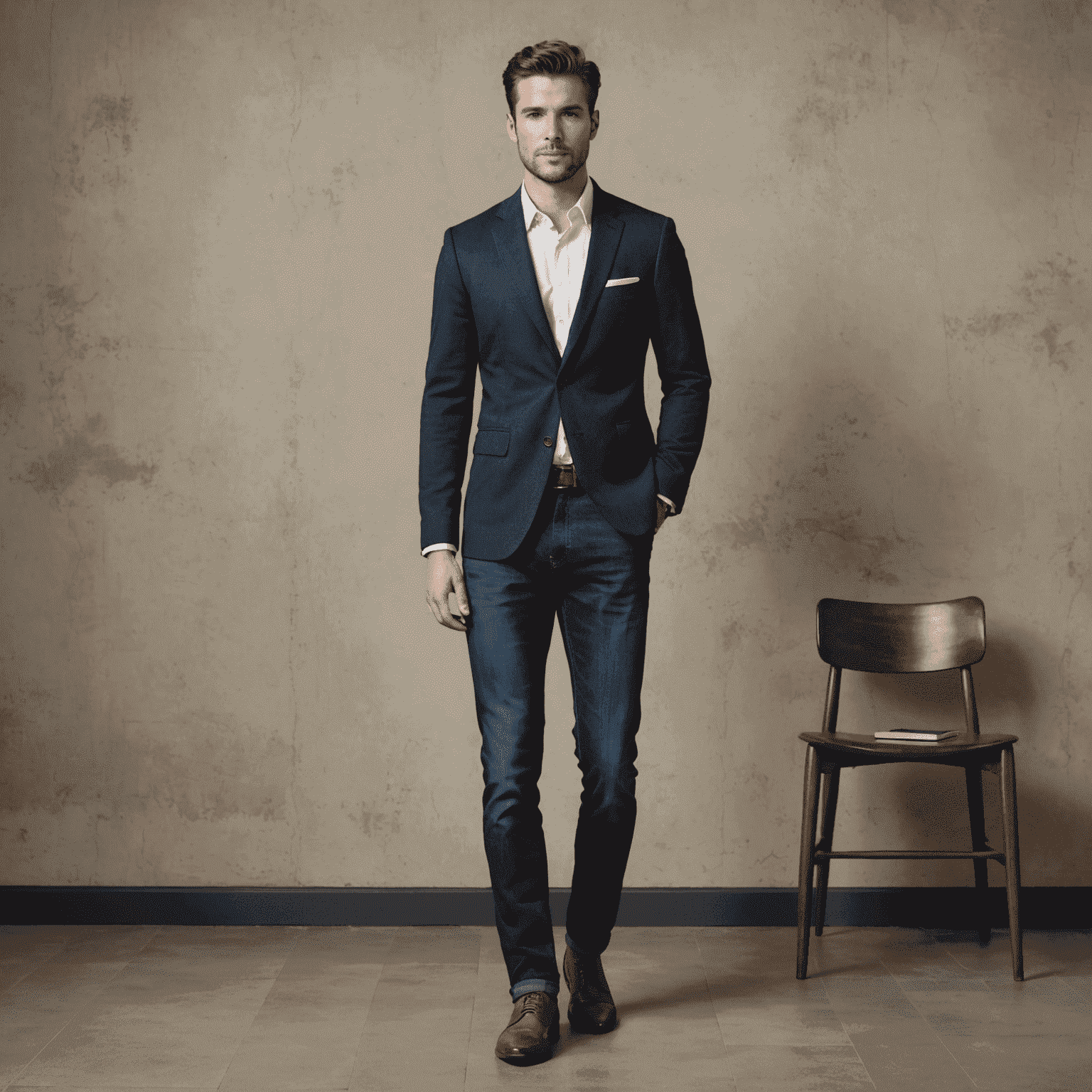 A stylish man in a smart casual outfit perfect for Casual Friday, featuring a well-fitted blazer, crisp shirt, dark jeans, and leather shoes. The background suggests an office environment with a modern, relaxed atmosphere.