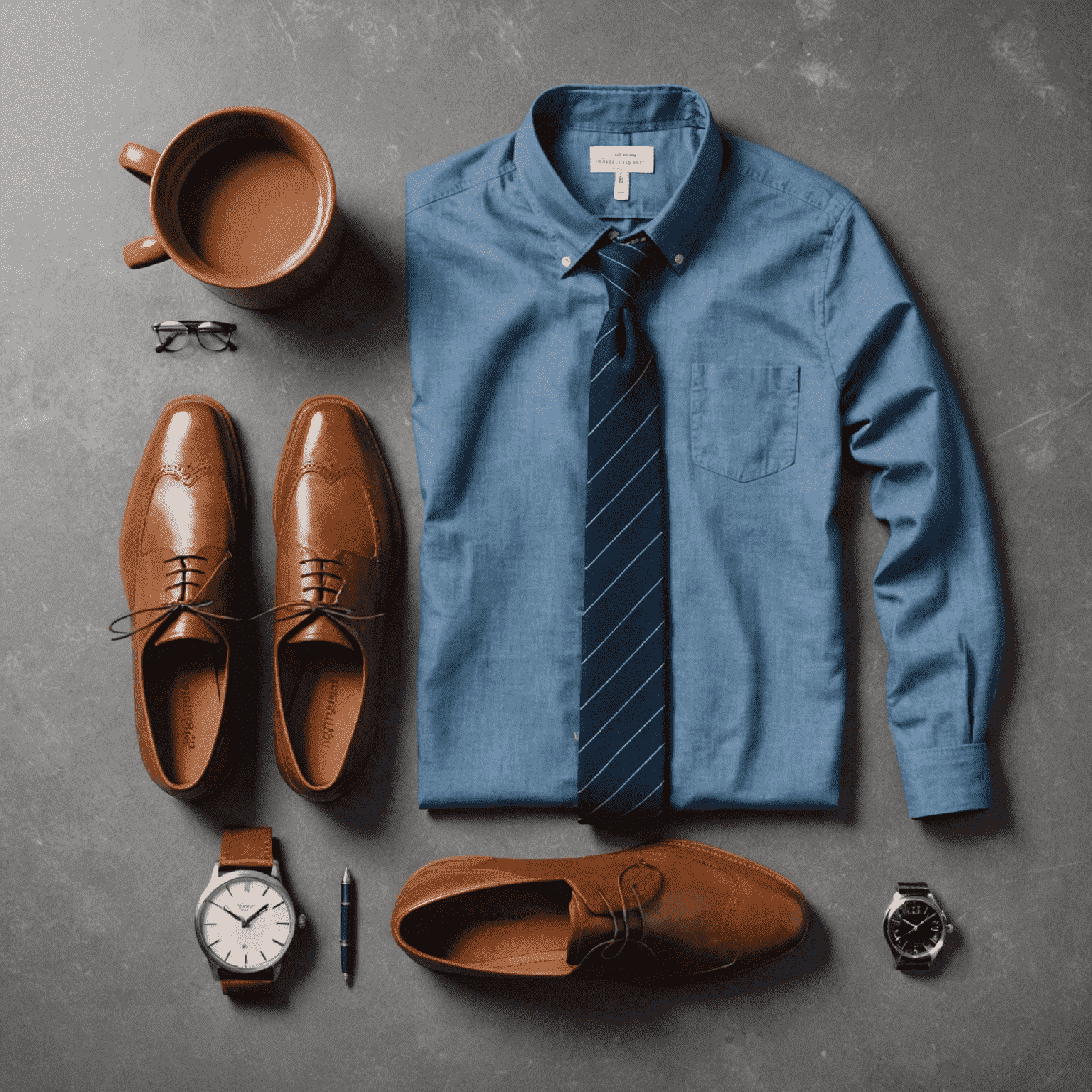 A flatlay of casual Friday outfit essentials: dark jeans, a light blue Oxford shirt, brown leather loafers, a navy knit tie, and a silver watch on a textured gray background.