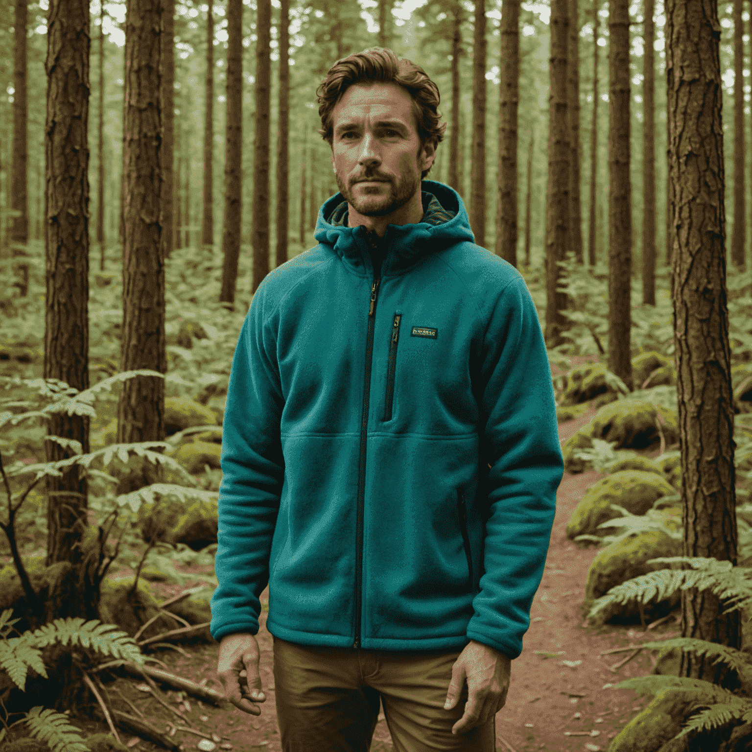 A man wearing a Patagonia recycled polyester fleece jacket in a forest setting, emphasizing the brand's outdoor and eco-friendly ethos