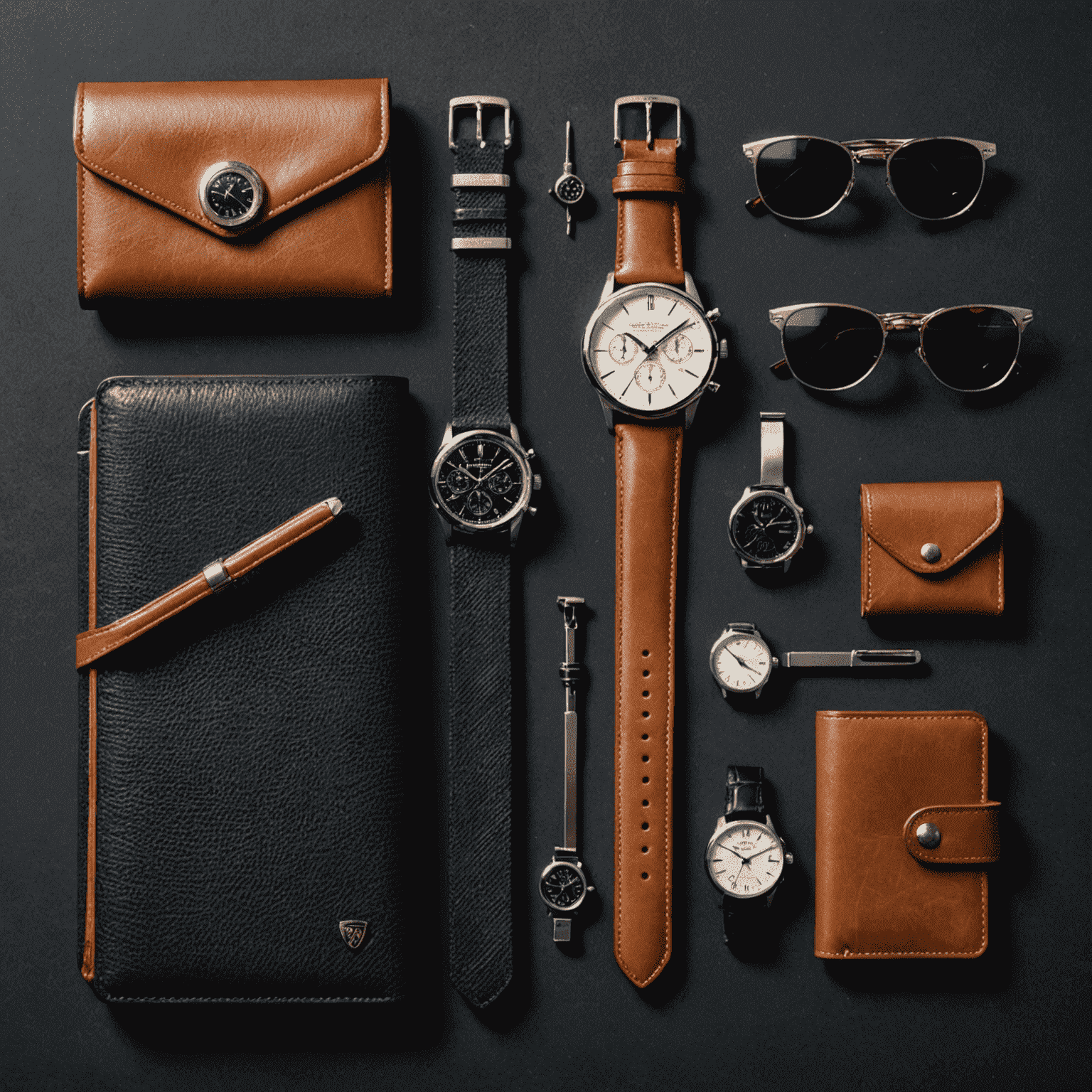 A carefully arranged collection of men's accessories including a luxury watch, leather wallet, sunglasses, tie clip, and cufflinks on a dark, textured surface. The image emphasizes the quality and detail of each item.