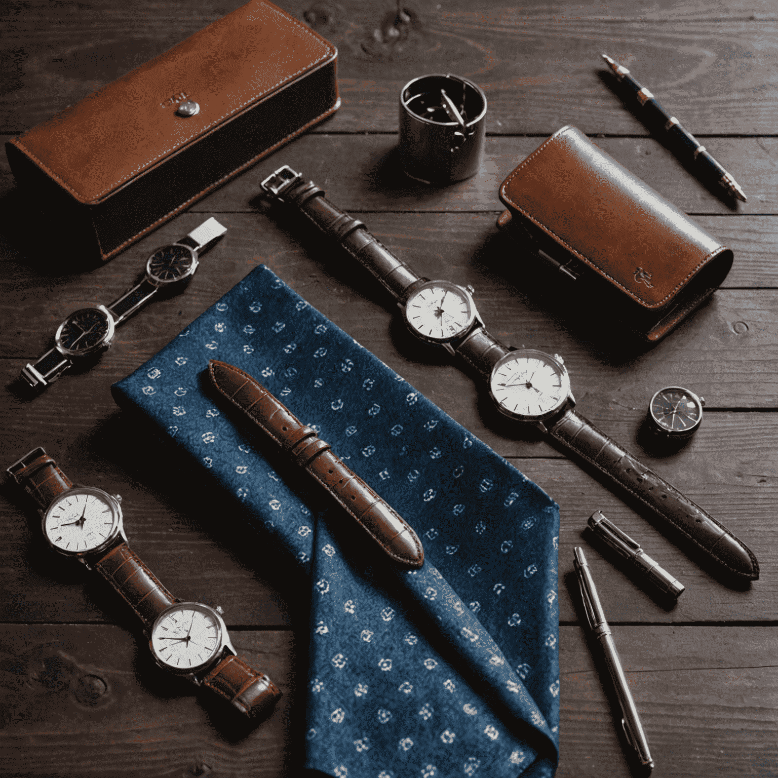 A collection of men's accessories including a leather watch, tie clip, cufflinks, and a pocket square, arranged on a dark wooden surface