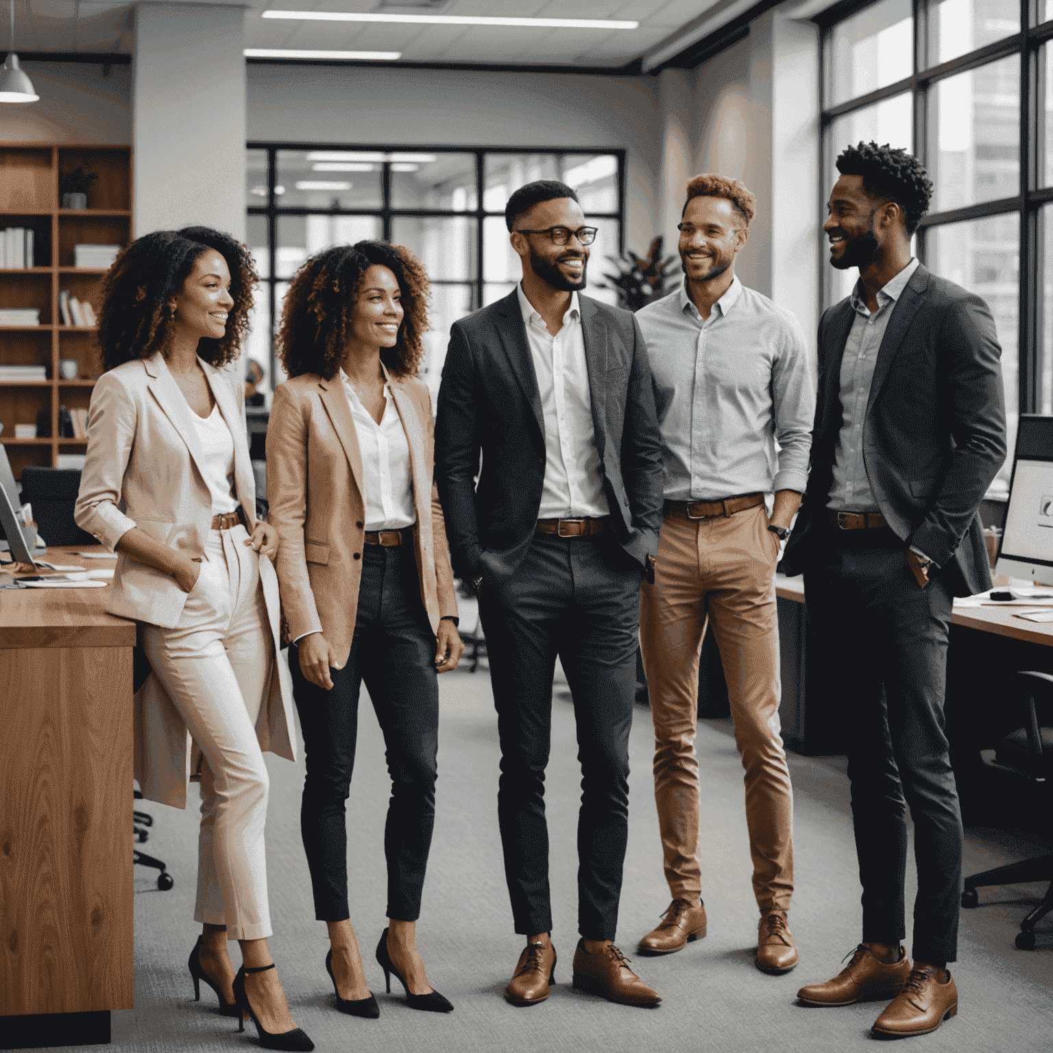 A diverse group of professionals in a modern office setting, all wearing stylish casual Friday outfits. They're engaged in conversation, looking confident and approachable in their smart-casual attire.