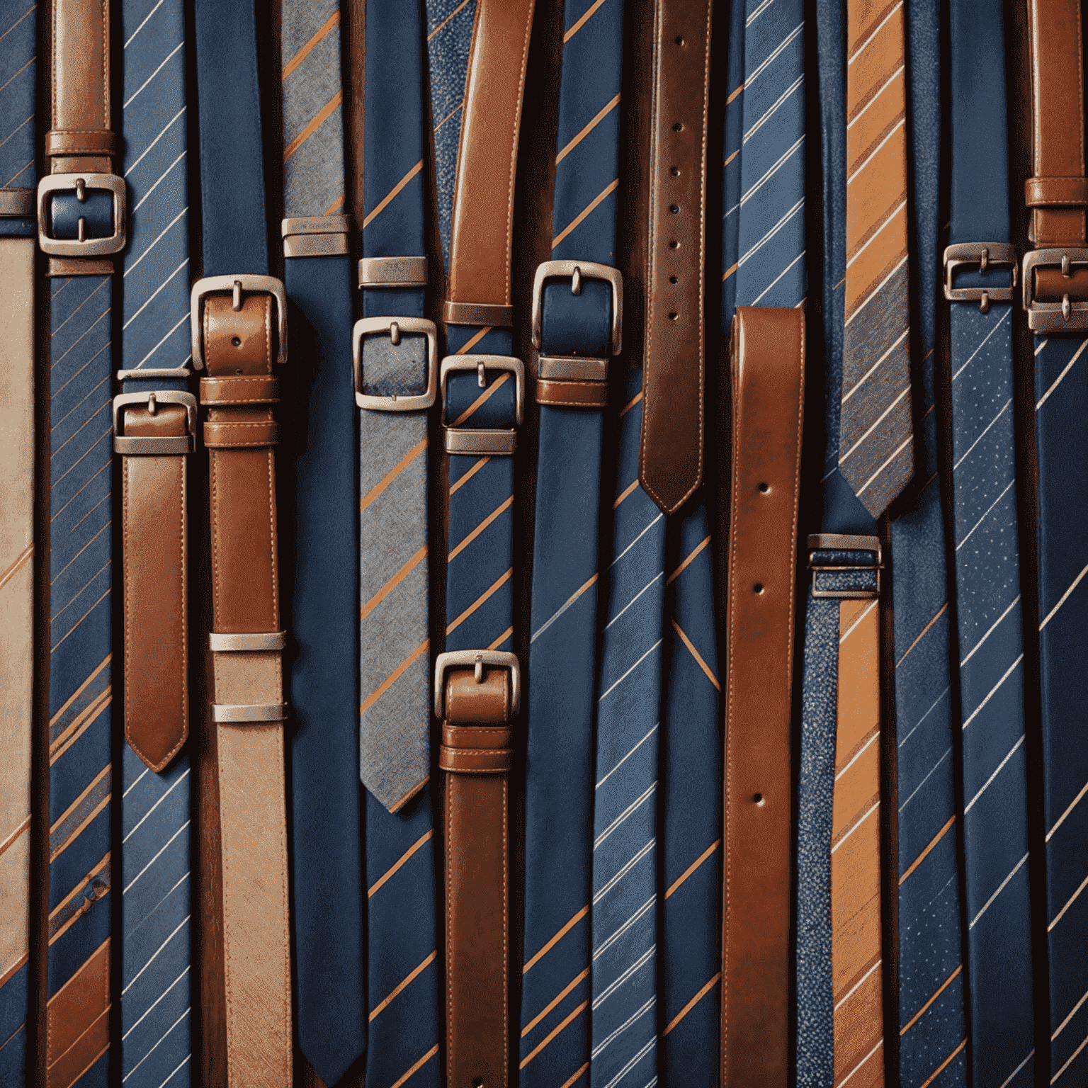 An array of men's belts and ties showcasing various materials, colors, and patterns suitable for different occasions