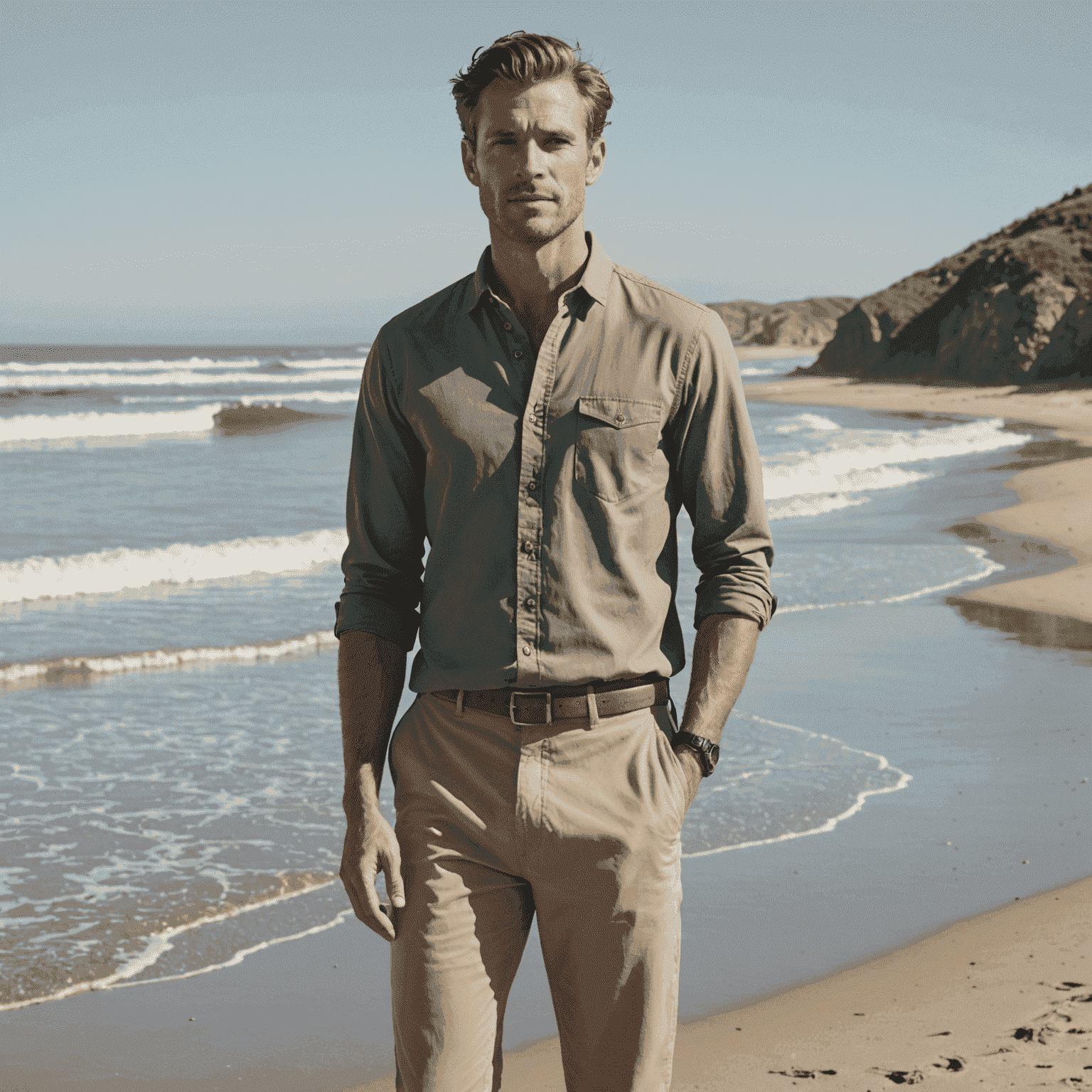 A stylish man in Outerknown's organic cotton chinos and a hemp blend shirt, standing on a beach to showcase the brand's surf-inspired sustainable fashion