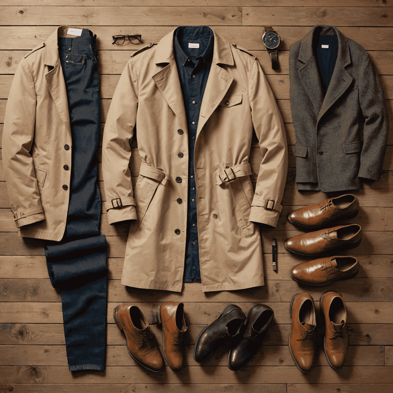 A collection of versatile men's clothing items for fall, including a trench coat, dark jeans, wool sweater, Chelsea boots, and a neutral blazer, arranged stylishly on a wooden background.