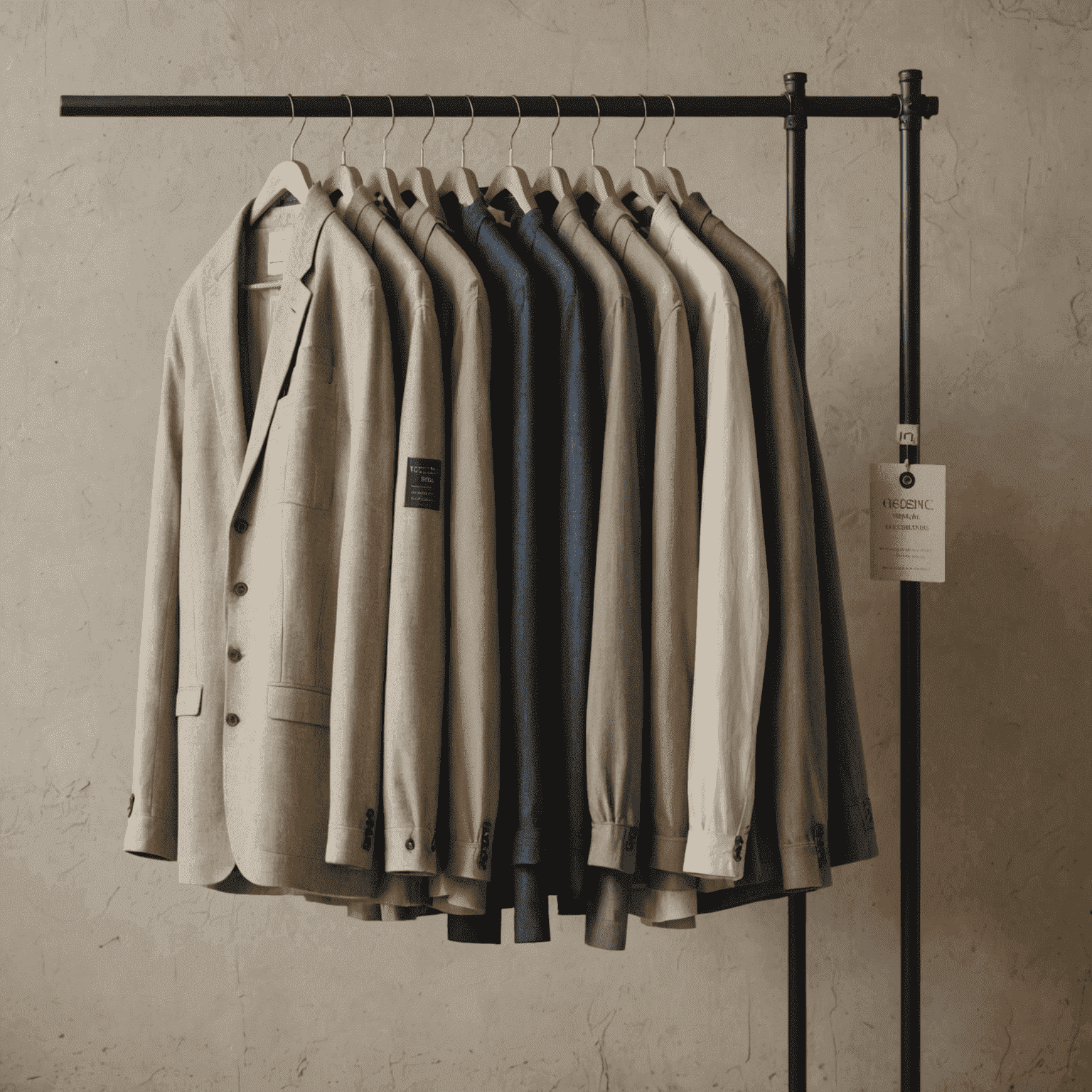 A rack of eco-friendly men's clothing made from organic and recycled materials, with visible sustainability labels