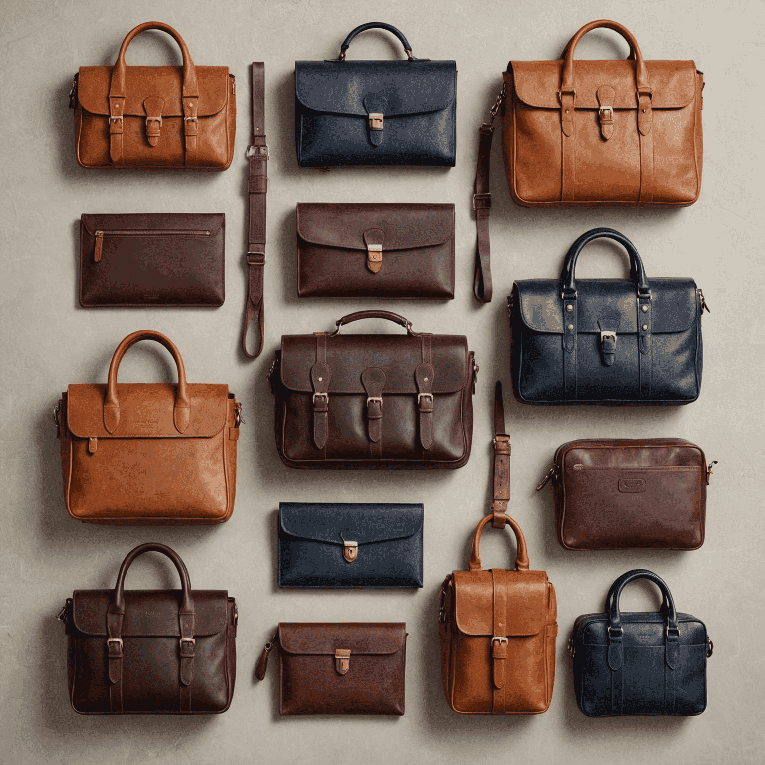 A selection of men's leather bags, wallets, and cardholders in various styles from classic to modern