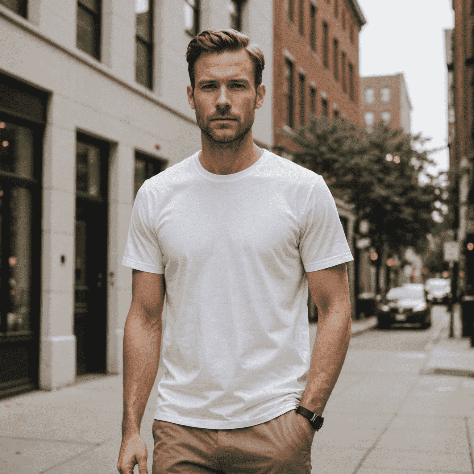 A man in an urban setting wearing Everlane's minimalist sustainable basics, including a white organic cotton t-shirt and recycled polyester chinos