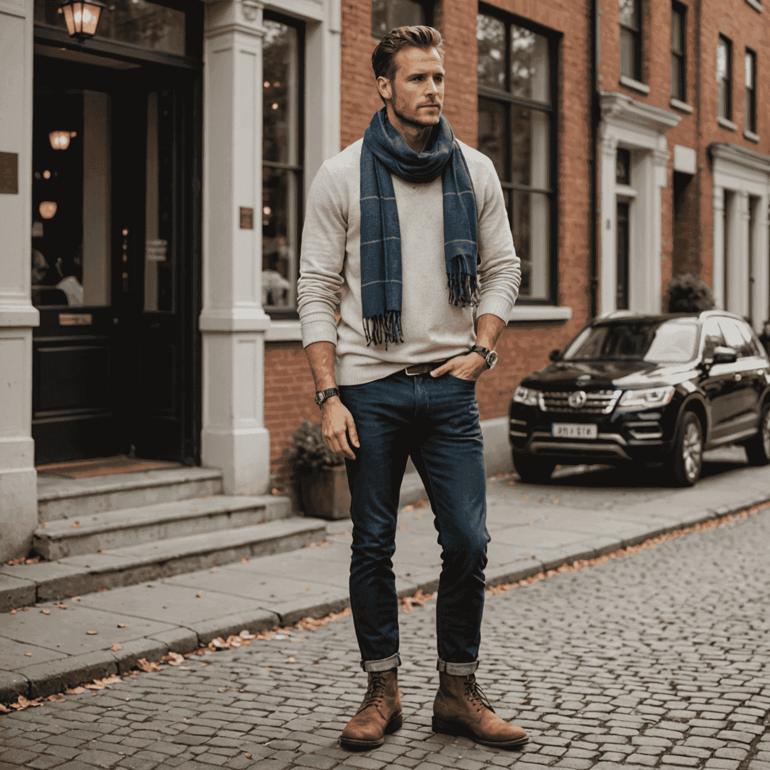 A man layering a light sweater over a summer shirt, with fall accessories like a scarf and boots nearby